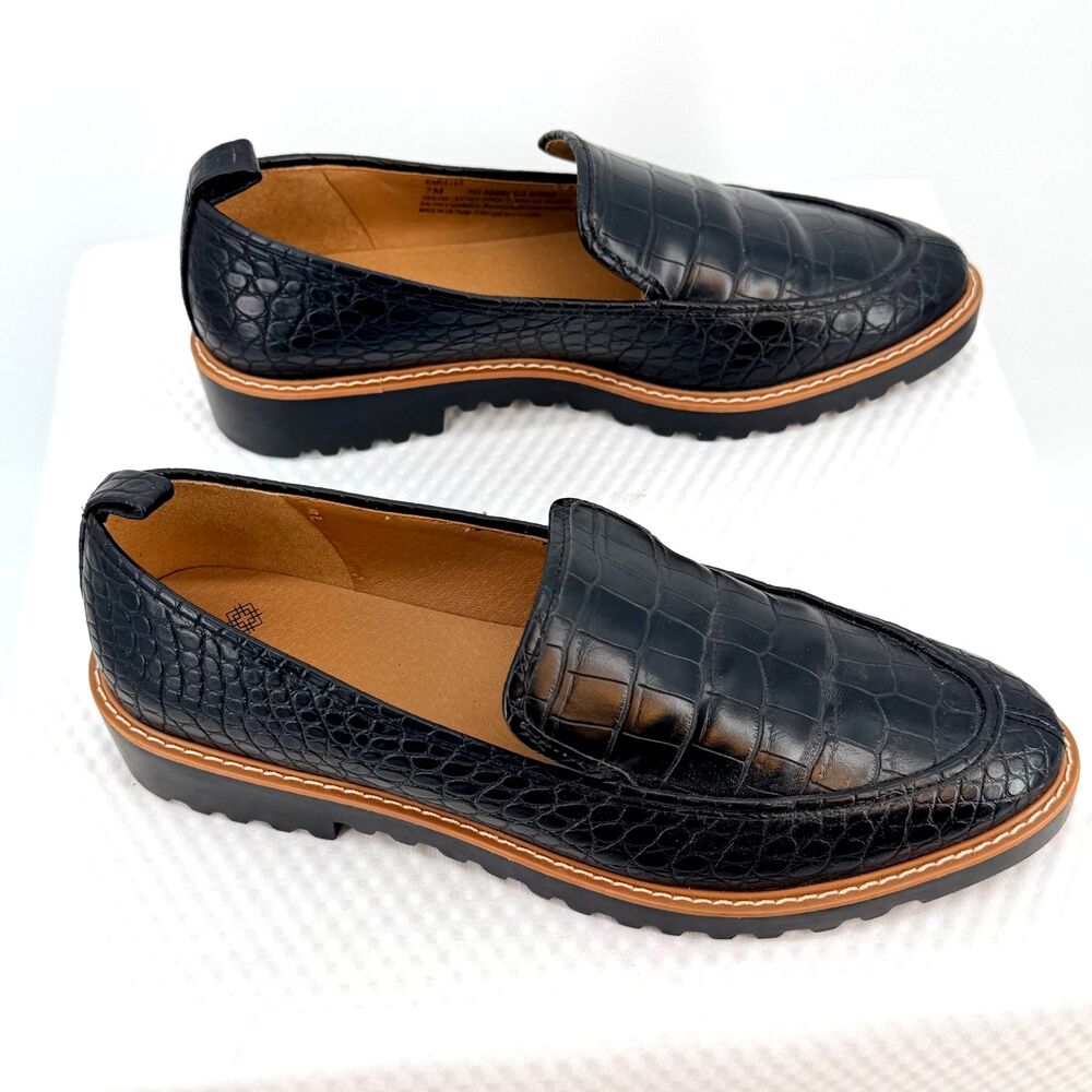 Susina Kabaru Womens 7M Black Croc Embossed Lug Sole Loafers Slip On